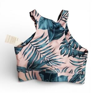 LA Society Pink Teal Tropical Palm Leaf Sports Bra NWT